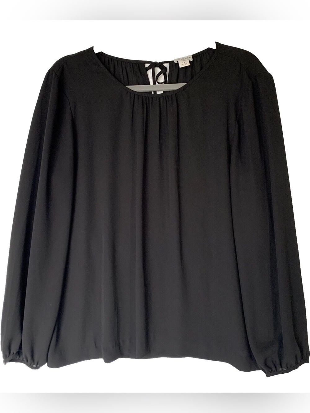 J.Crew Black Gatheted Neck Balloon Sleeve Tie Back Blouse Size 14